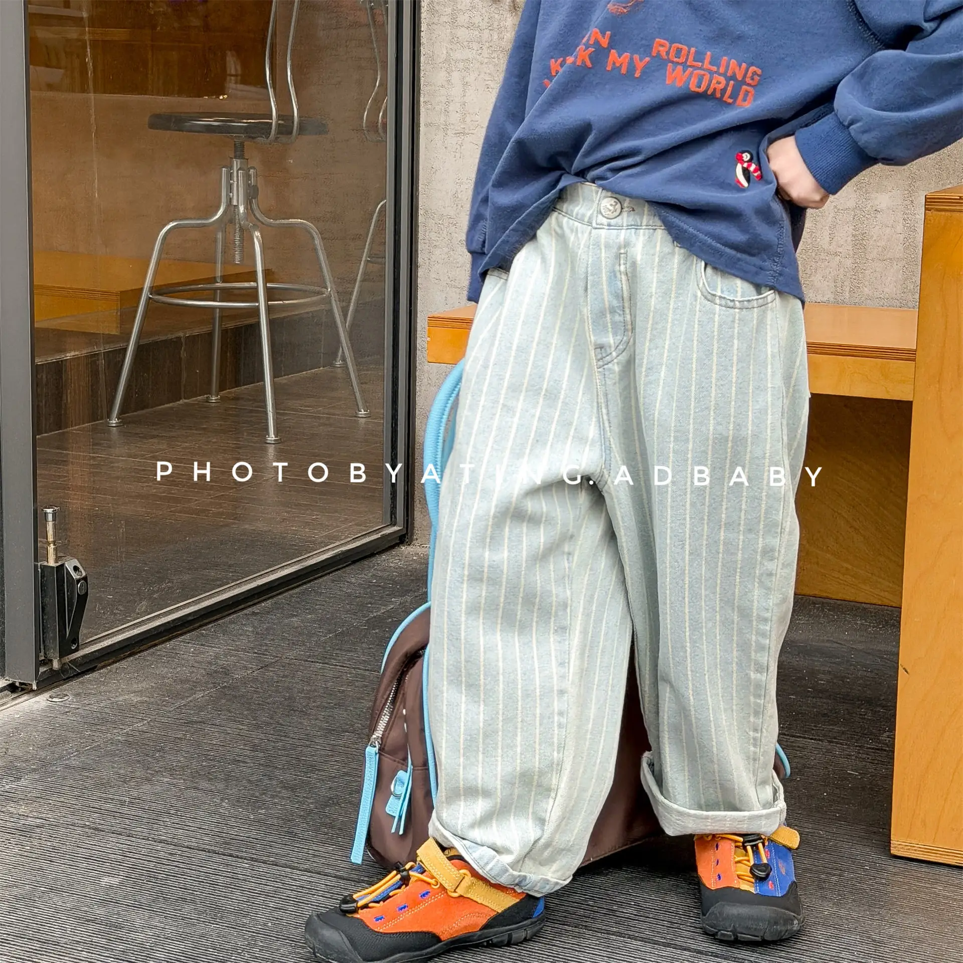 Boys Girls Striped Straight Jeans Loose Casual Denim Pants Elastic Waist Spring Fall Kids Trousers Daily Wear Toddler Bottoms