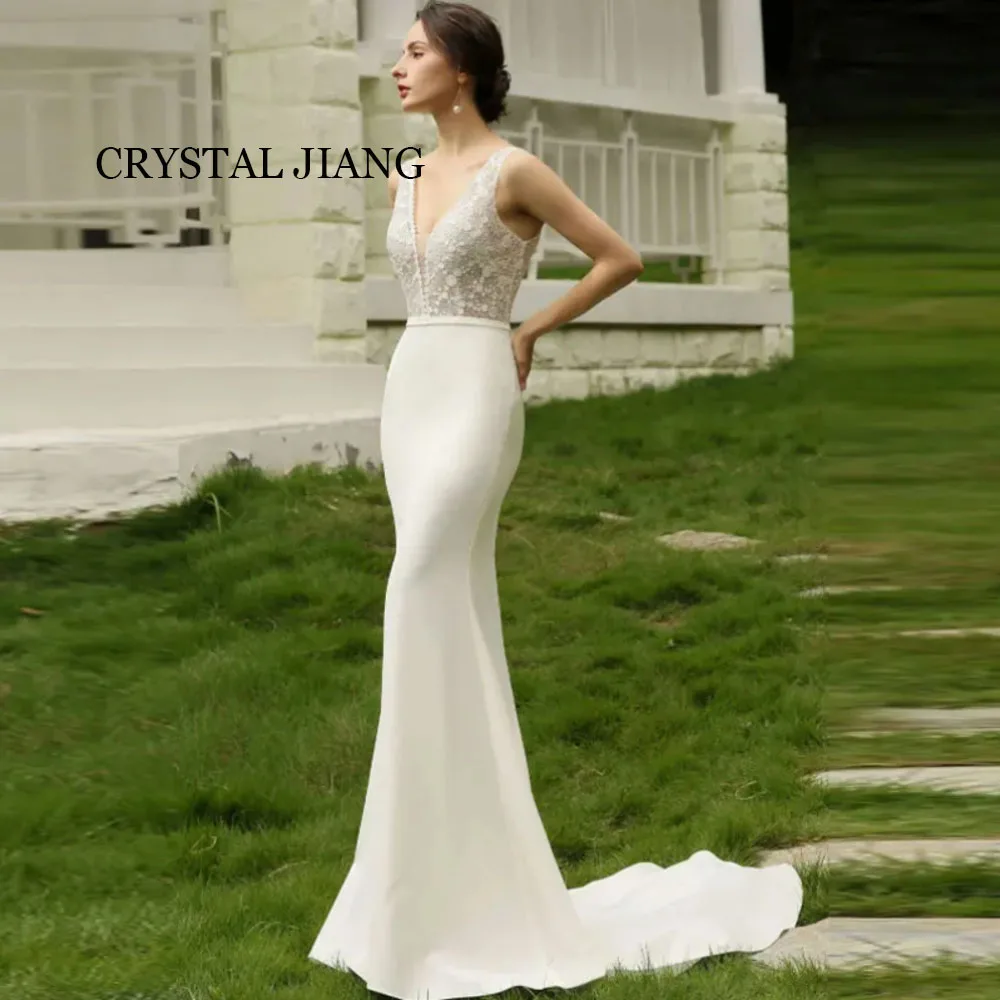 

Elegant Long Ivory V Neck Wedding Dresses Sleeveless Backless with Appliques Mermaid Sweep Train Vestido De Novia 2024