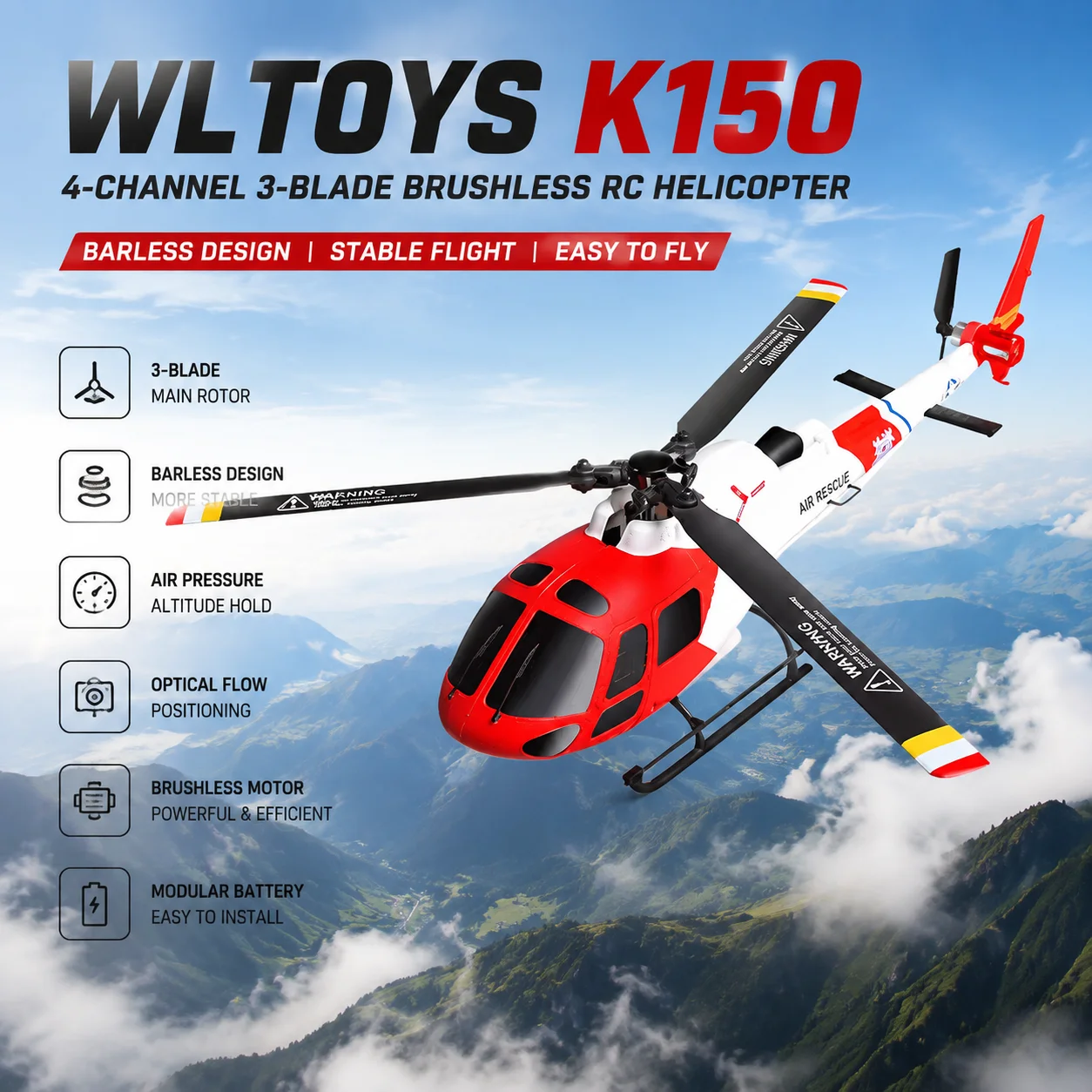 WL K150 AS350 Squirrel RC Helicopter 4 Channel Brushless Motor Optical Flow Positioning One Key Takeoff Landing For Beginners
