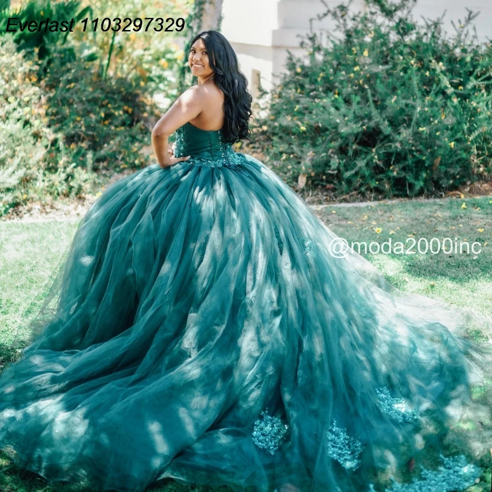 EVLAST Personalizzato Verde Smeraldo Abito Quinceanera Abito di Sfera Lucido Applique di Pizzo In Rilievo Corsetto Dolce 16 Vestido De 15 Anos TQD940