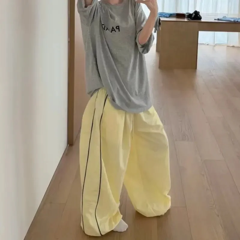 New Casual Loose Wide Leg Pants Women Summer Hip Pot Sports Elastic Waist Trendy Elegant Long Trousers Solid Color