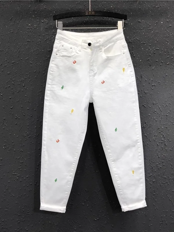 

High Waist Embroidered Dad Jeans White Casual Loose Fit Harlan Trousers Spring Autumn New Sle Hong Kong Flavor Cotton Stret...