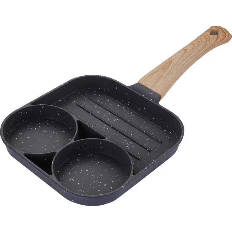 

4 Hole Frying Pan Non Stick Breakfast Burger Egg Pancake Maker Wooden Handle Medical Stone Four Hole Omelet Pan