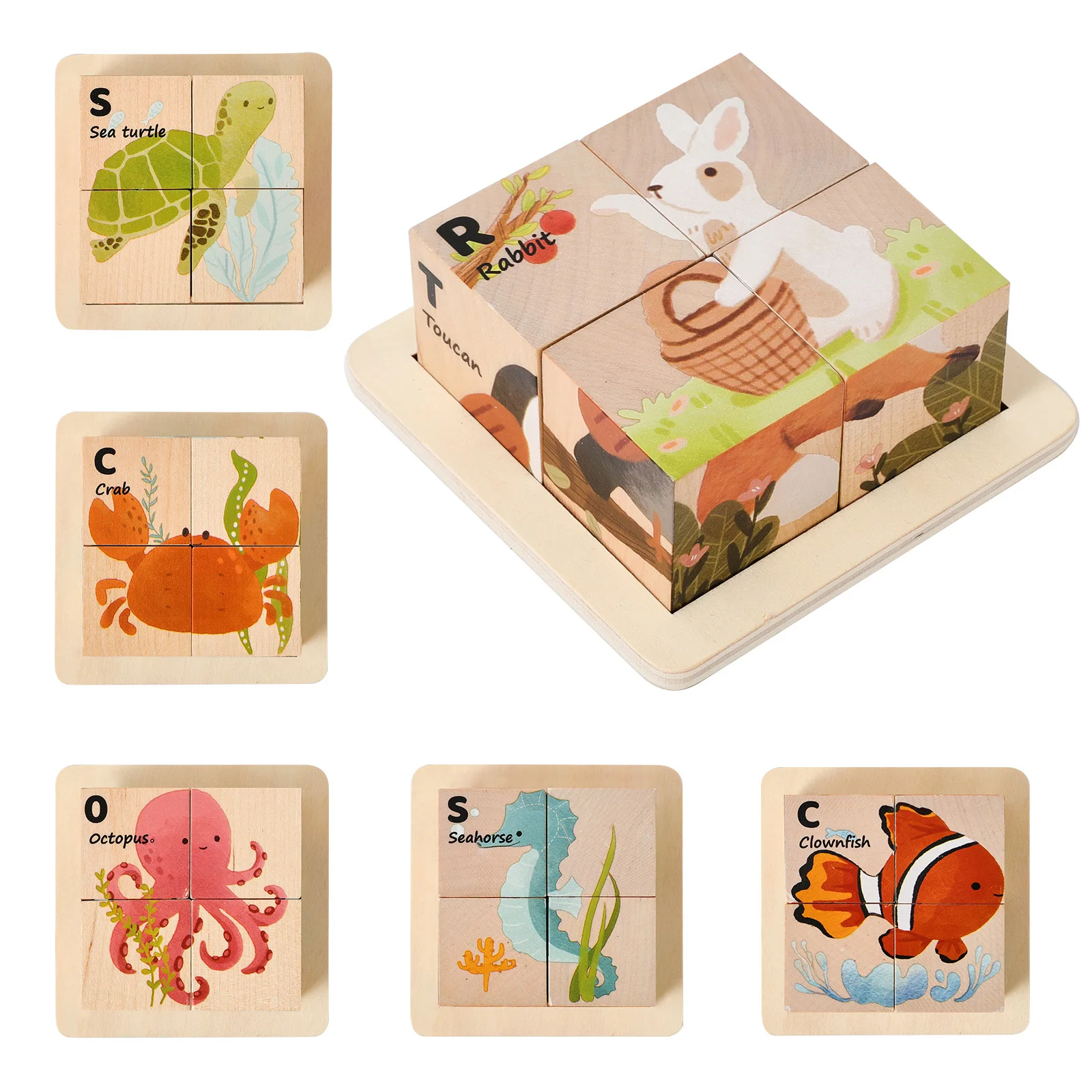 6-in-1 Holz-Puzzle-Blöcke für Kleinkinder Massivholz Bedruckt Glatt Gratfrei Meerestiere Feinmotorik Eltern-Kind-Spiel