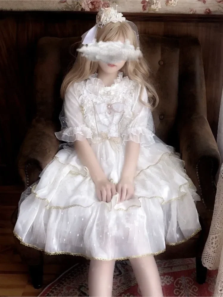 Hstar Summer Sweet Lolita Jsk Dress Women Elegant Lace Bow Ruffles Flowers Wedding Girly Love Poems Party Princess Slip Dress