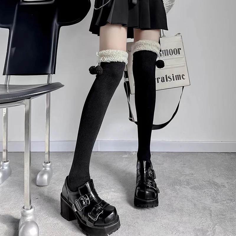 1Pair Lamb Wool Over Knee Socks Leg Winter Warm Long Stockings Cute Plush Ball Girl High Tube Socks Solid Color JK Stockings