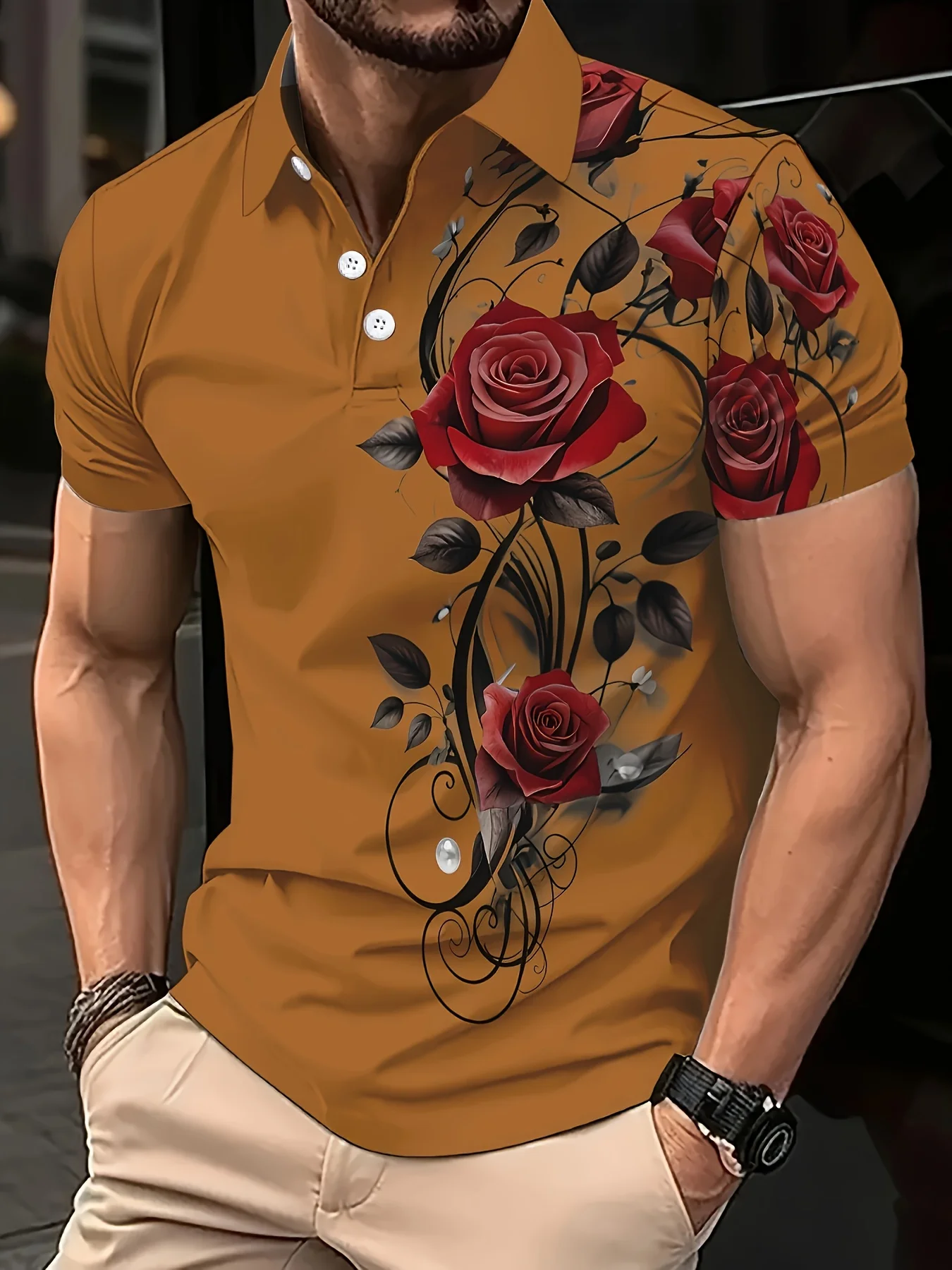 

Men's Fashion Shirt Printed Design Short Sleeved Shirt,Casual Short Sleeved Shirt -Bright BlueRed Rose and Black Leaf Full Print