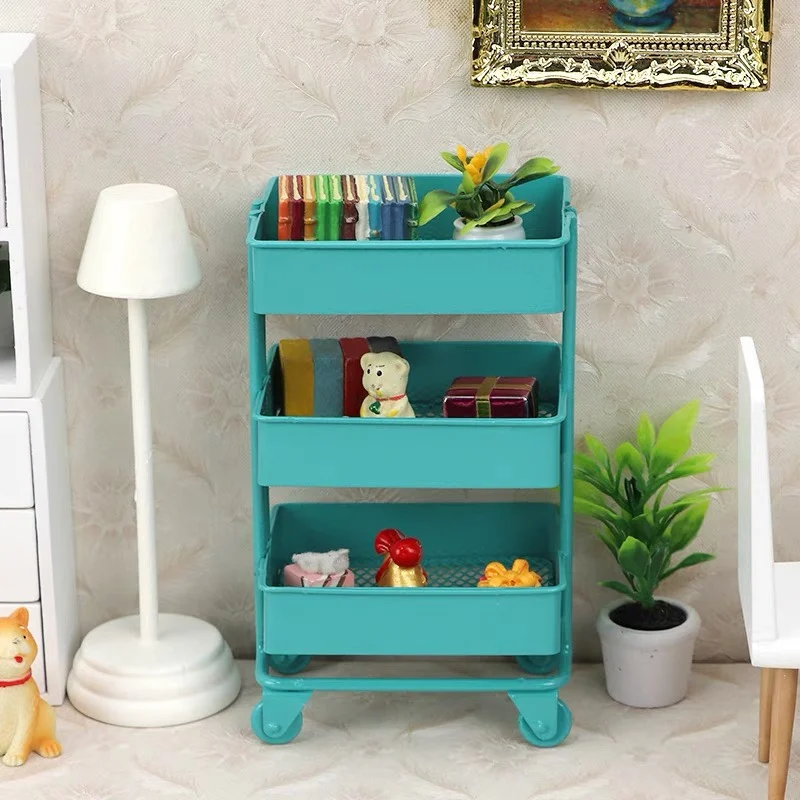 Mini Trolley Floor Storage Rack with Dollhouse Miniature Furniture Shelf Bookshelf Storage Display Rack Decorate