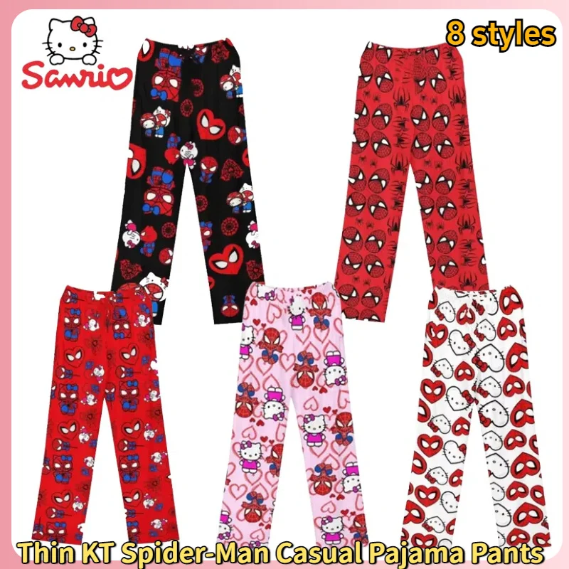 Pantalones de pijama holgados de algodón con dibujos de Hello Kitty Spider-Man para mujer y hombre, pantalones de pijama para dormir, ropa de salón para dormir para niña