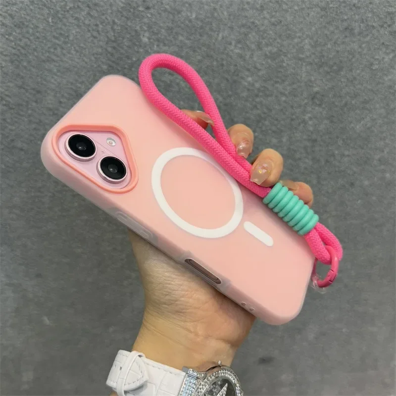 

Jelly Candy Color Contrast Matte Magsafe Case for iPhone 16 15 14 13 12 11 Pro Max 16 Plus Hand Wrist Strap Soft Lanyard Cover