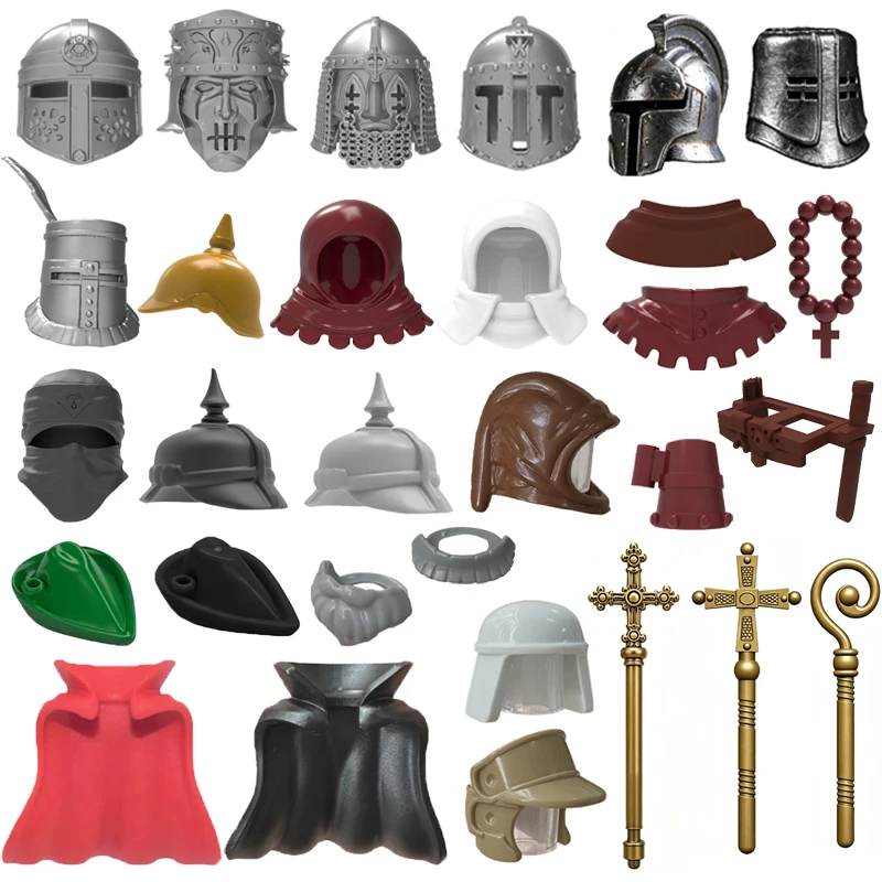 Peças de Corpo para Figuras MOC, Blocos de Montar, Capacete de Cavaleiros Medievais, Barba, Chapéu Imperial, Capa, Machado, Foice, Mini Blocos, Brinquedos, Presentes