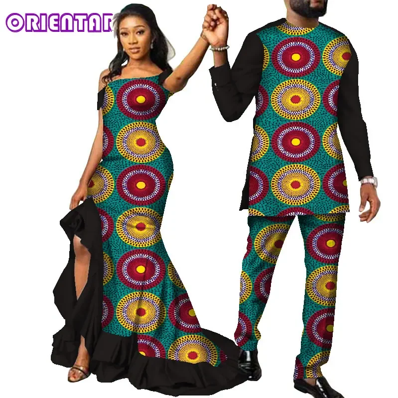 African Clothes for Couples African Print Long Dress for Women African Suits Set for Men Bazin Riche Couple Clothing WYQ567