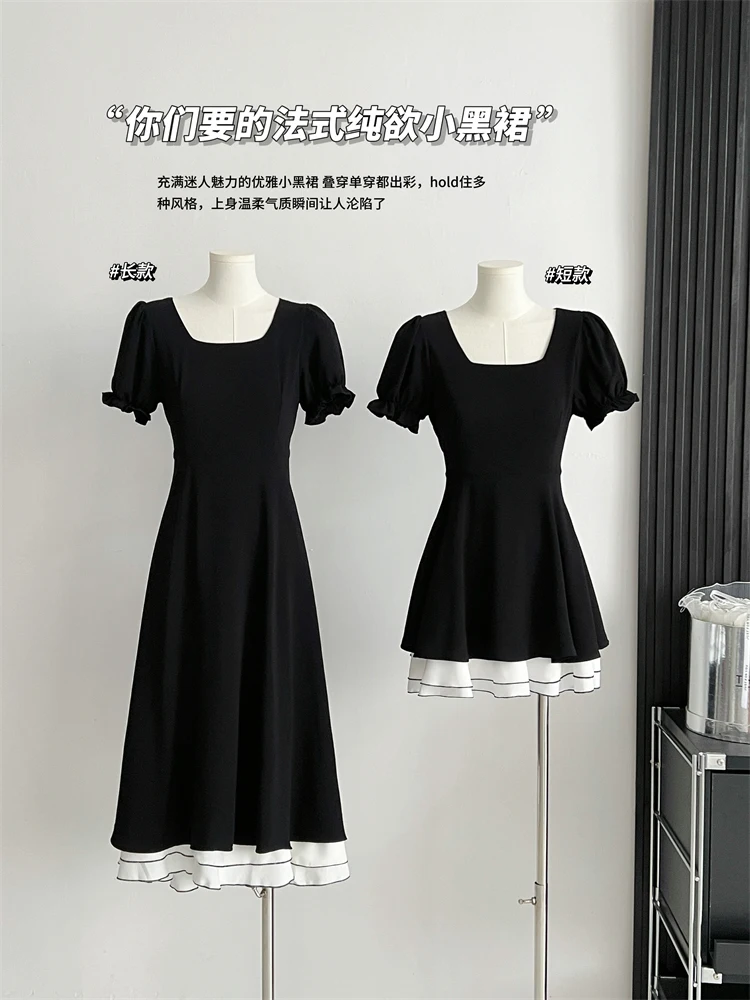 

Summer French Vintage Old Money Black Short Sleeve Dress Women Square Collar Frock Patchwork One-Piece Evening Party Elegant