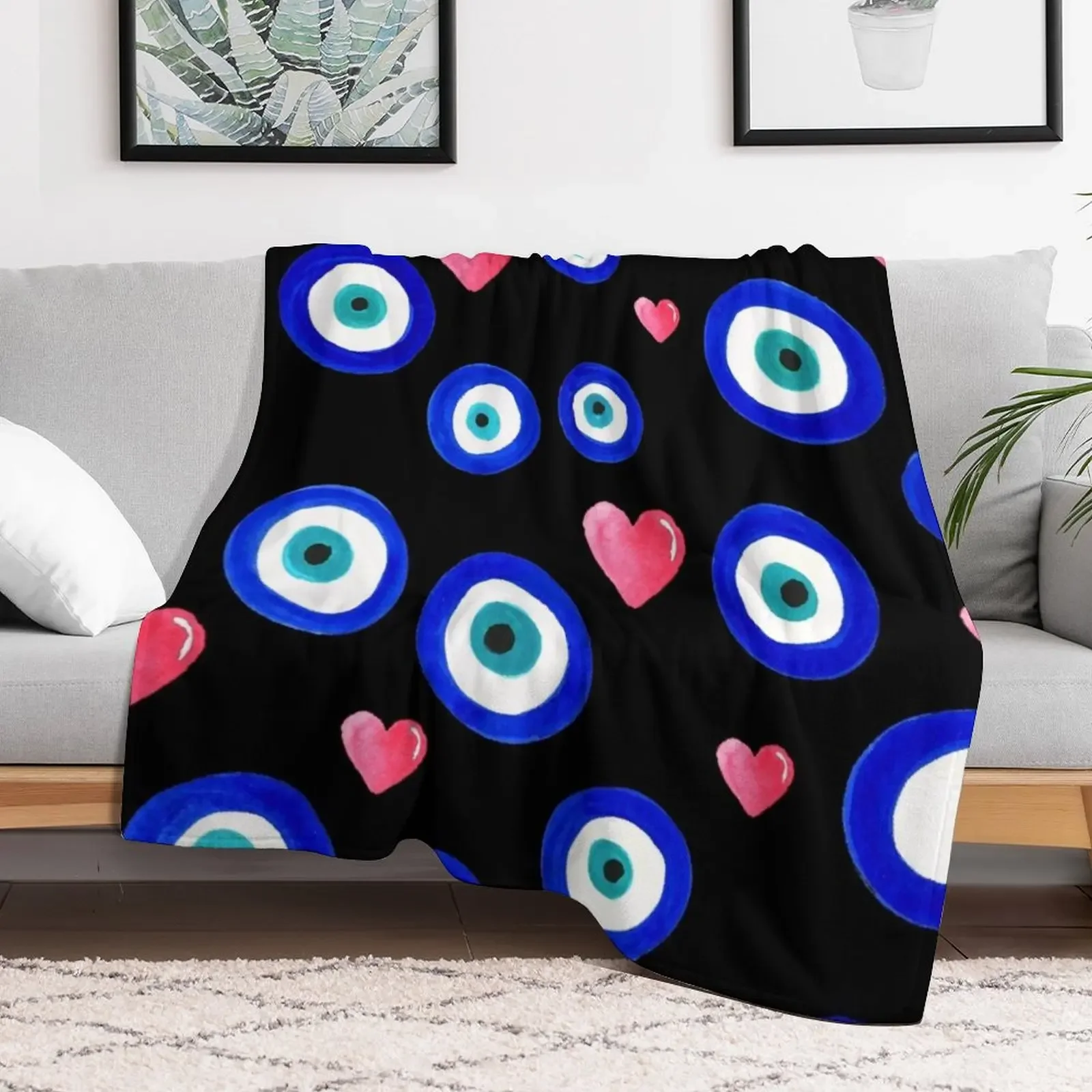 Scattered Evil Eyes & Hearts on black Throw Blanket Quilt Furry Blankets