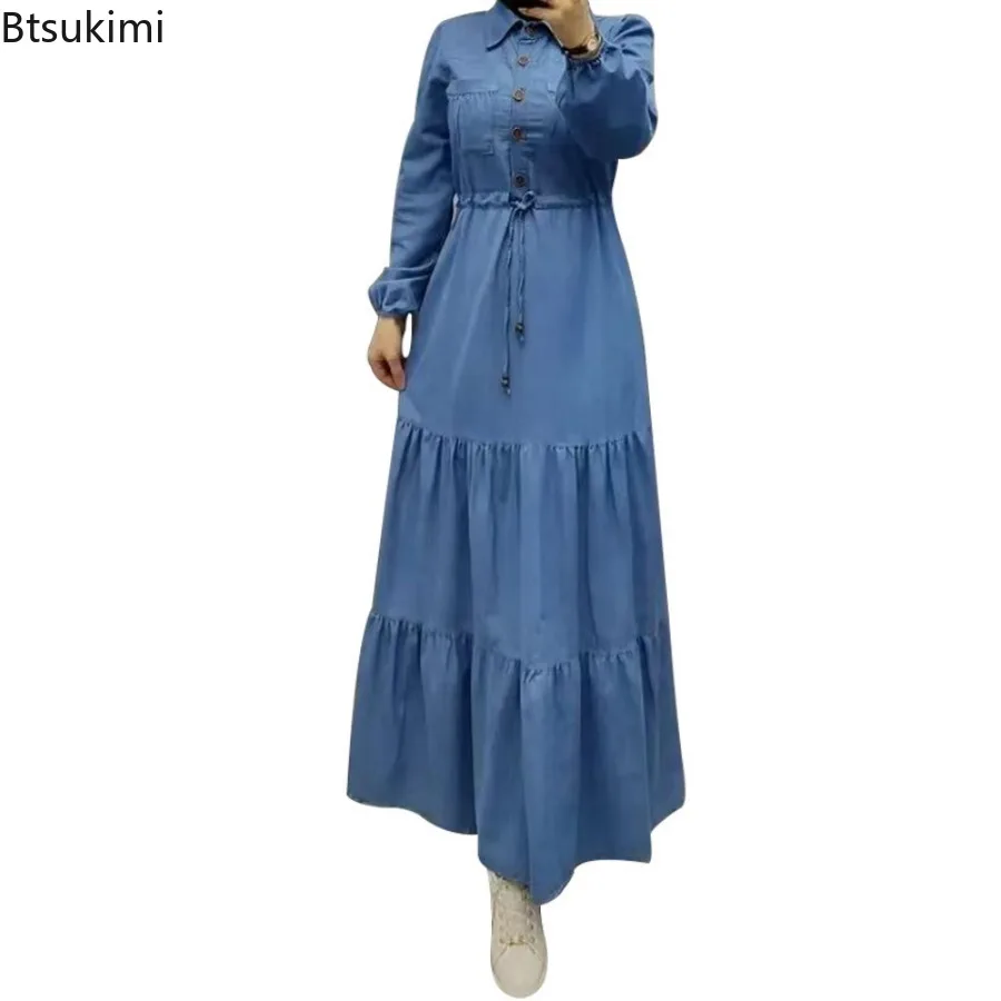 Lente Nieuwe Dames Elegante Denim Jurk Mode Patchwork Blauwe Lange Jurk Voor Vrouwen Moslim Abaya Vintage Streetstyle Dames Gewaad