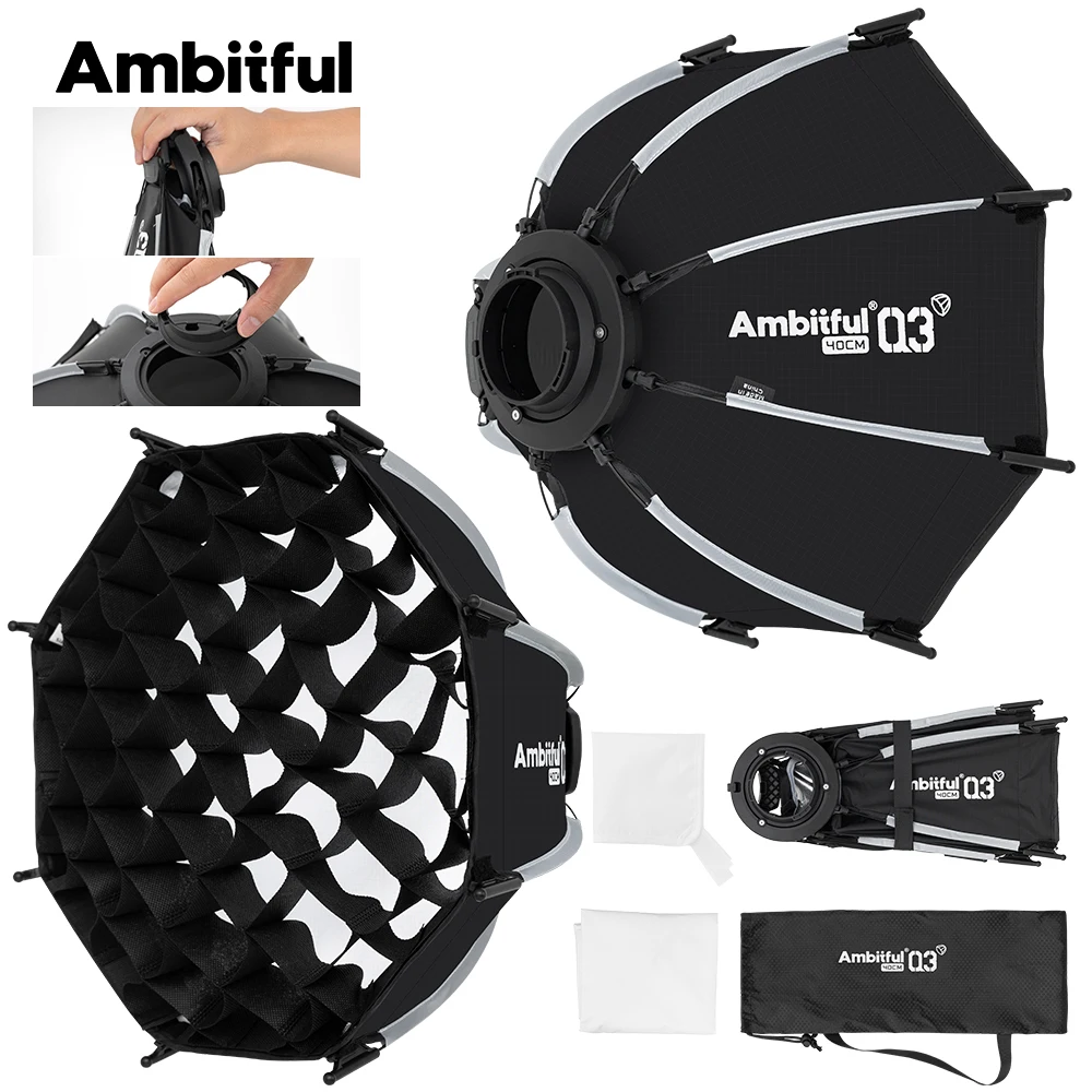 AMBITFUL 40cm 60cm Série Q3 Boîte à lumière annulaire standard SA-GD à dégagement rapide pour flash vidéo GODOX ML60 ML100 AD300PRO COB