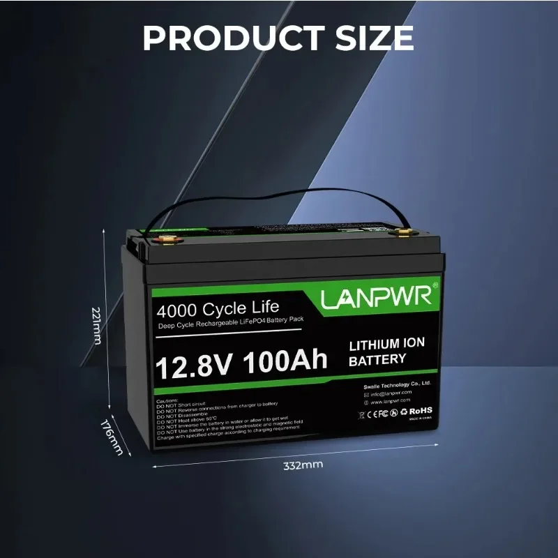 LANPWR 12.8V100AH بطارية تخزين الطاقة 1280WH الطاقة IP65 مقاوم للماء LiFePO4 بطارية مناسبة لاستخدام السيارة، بطارية احتياطية منزلية