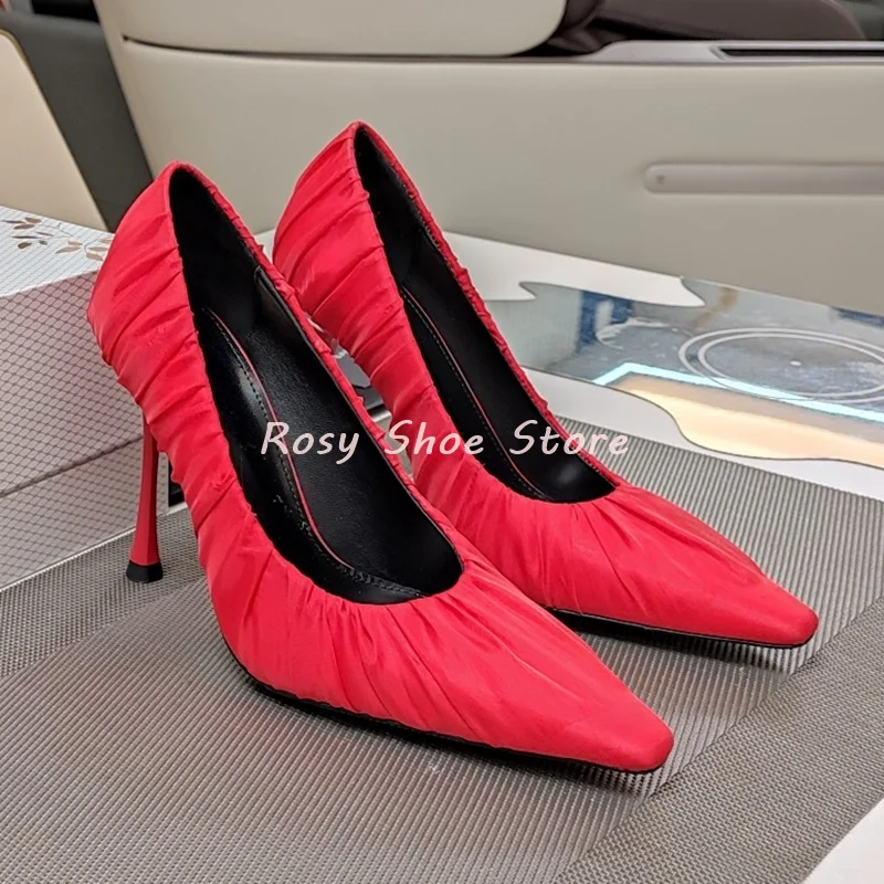 

2025 New Style Sexy Silk Pleated Design Shallow Mouth Pumps Novel Small Square Toe Slip On Stilettos Luxury Banquet Dress Pumps