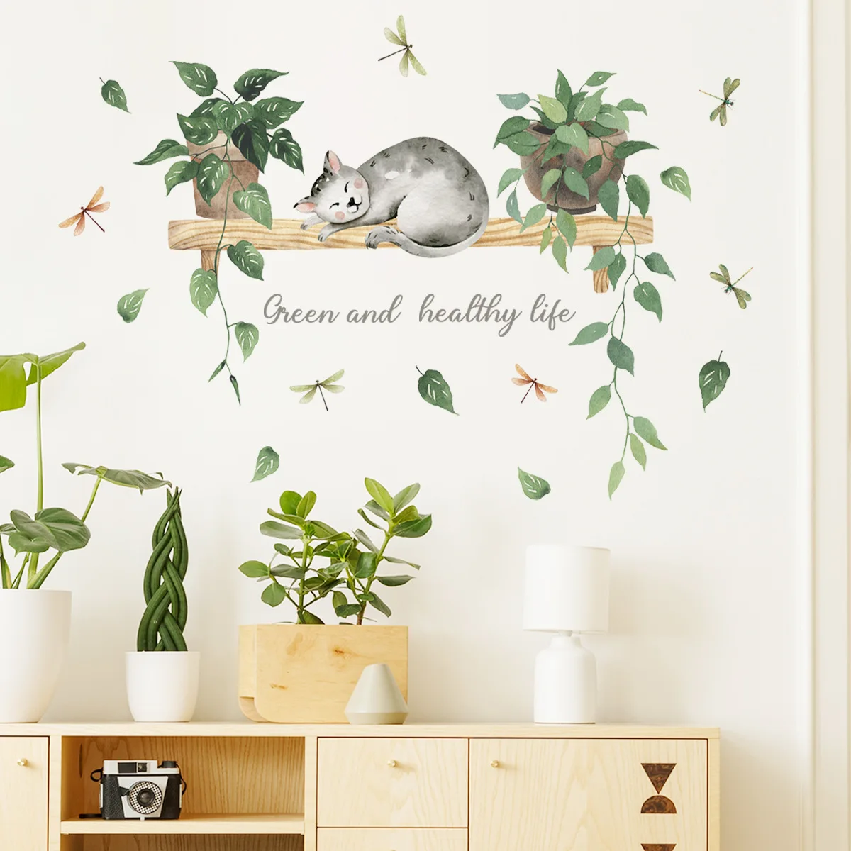 30*90cm Green Plant Potted Kitten Wall Sticker Background Wall Living Room Bedroom Study Decoration Animal Mural Wall Sticker