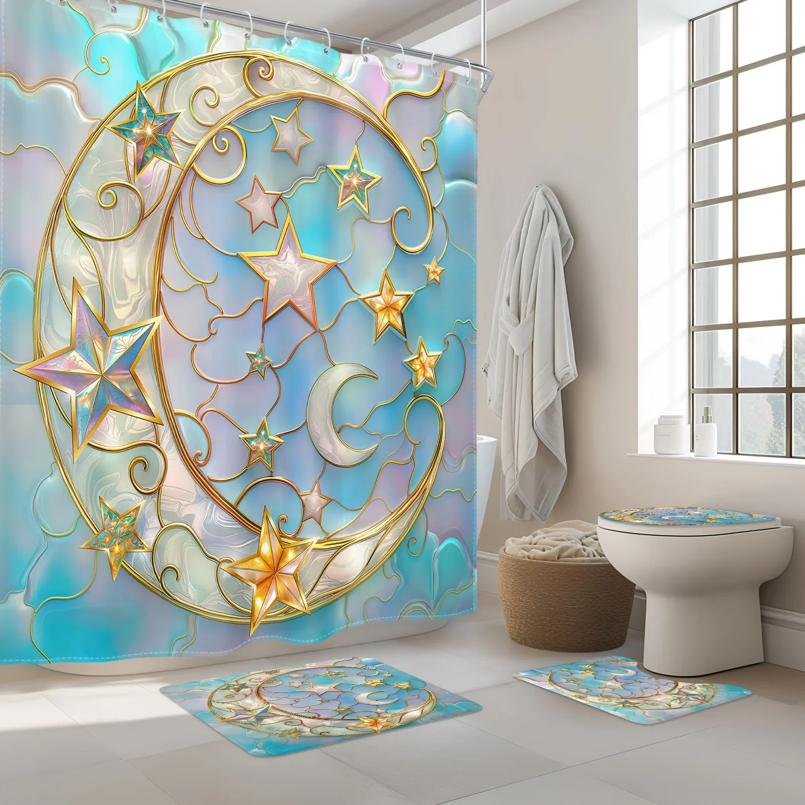 

Набор занавесок для душа Blue Moon | Дизайн звезды и луны, водонепроницаемая штора, 12 крючков, нескользящий коврик, чехол на сиденье унитаза, U-образный коврик