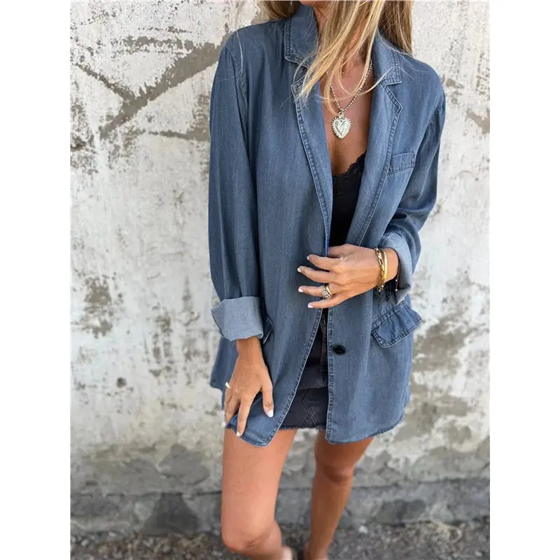 BMBY-Women's Button Denim Shirt Long Sleeve Lapel Casual Loose Denim Jacket