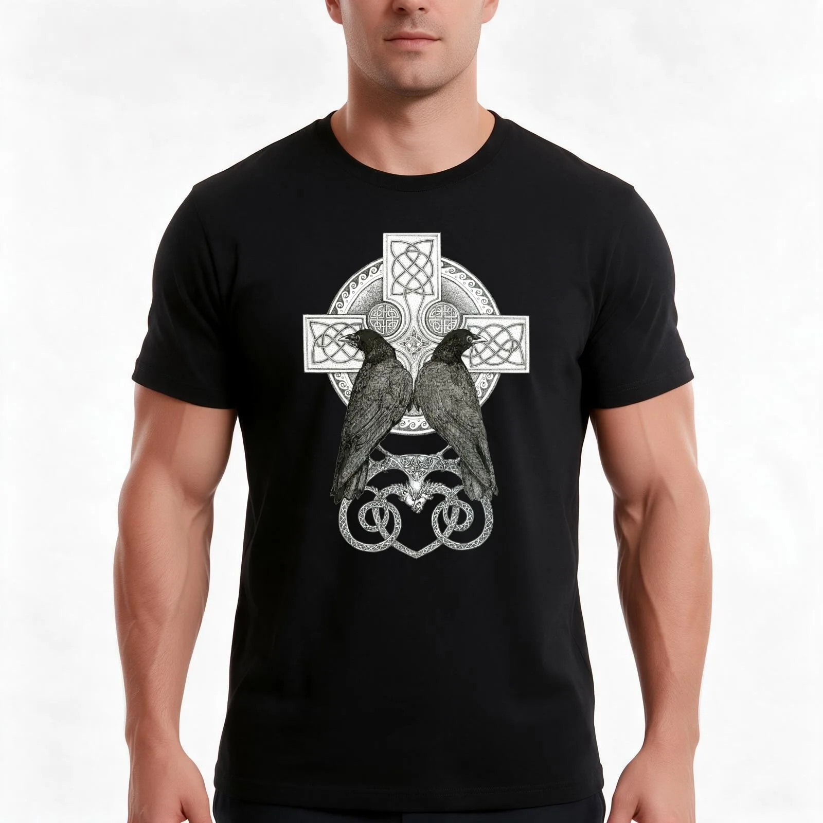 Celtic Crows T-Shirt, Summer Casual Cotton Tee, Oversized Streetwear Tops, Vintage Graphic Print, Loose Fit Short Sleeve