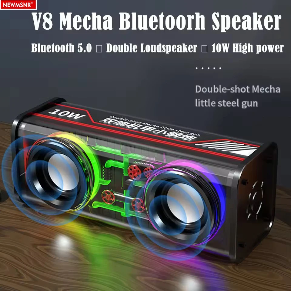 TWS V8 شفاف Mecha مكبر صوت قوي RGB ضوء بلوتوث لاسلكي محيطي باس مضخم صوت موسيقى صغير حفلة منزلية مكبر الصوت