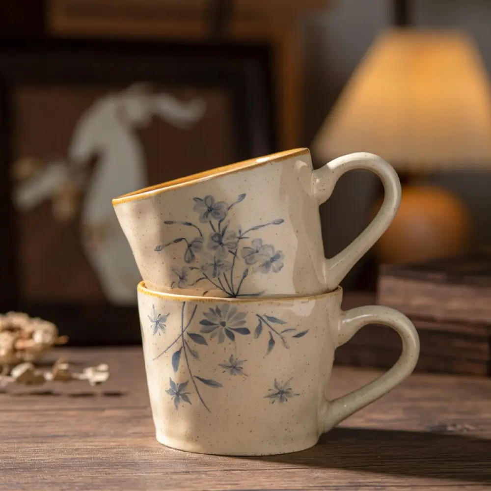 Retro Ceramic Coffee Cup Wabi Sabi Mug Floral Print Tea Drinkware Handheld Minimalist Office Home Tableware Vessel