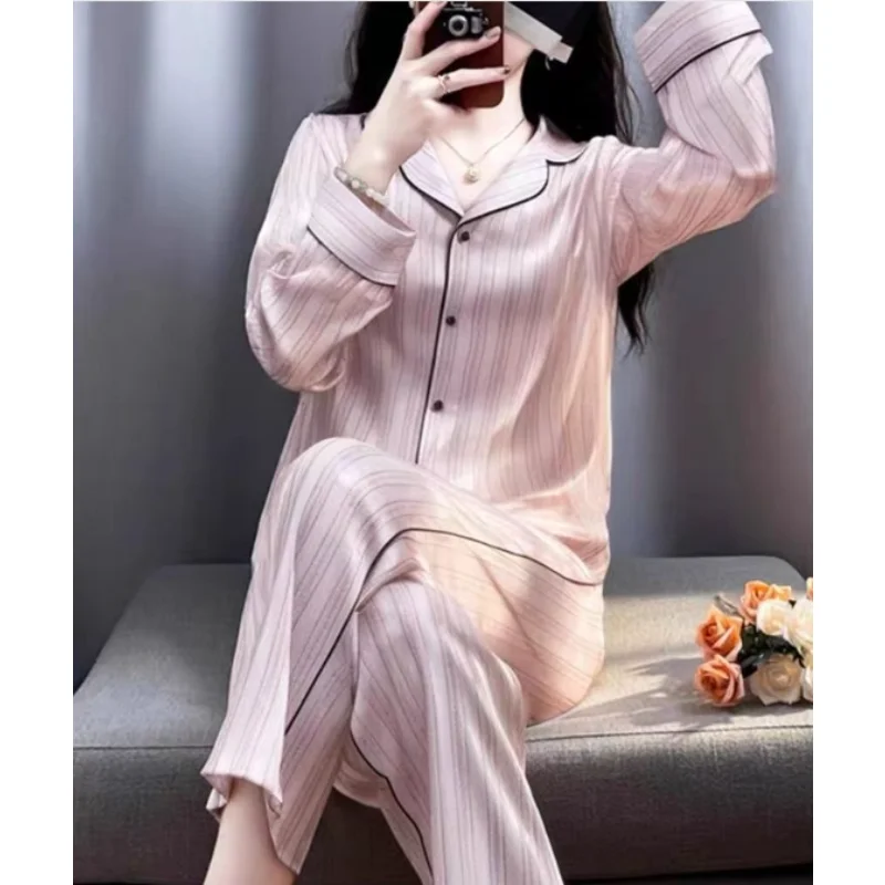 【 Original Design Niche 】 Light Luxury Pajamas Women Spring and Autumn Long Sleeve New Home Dress Set Women Thin Ice Silk Summer