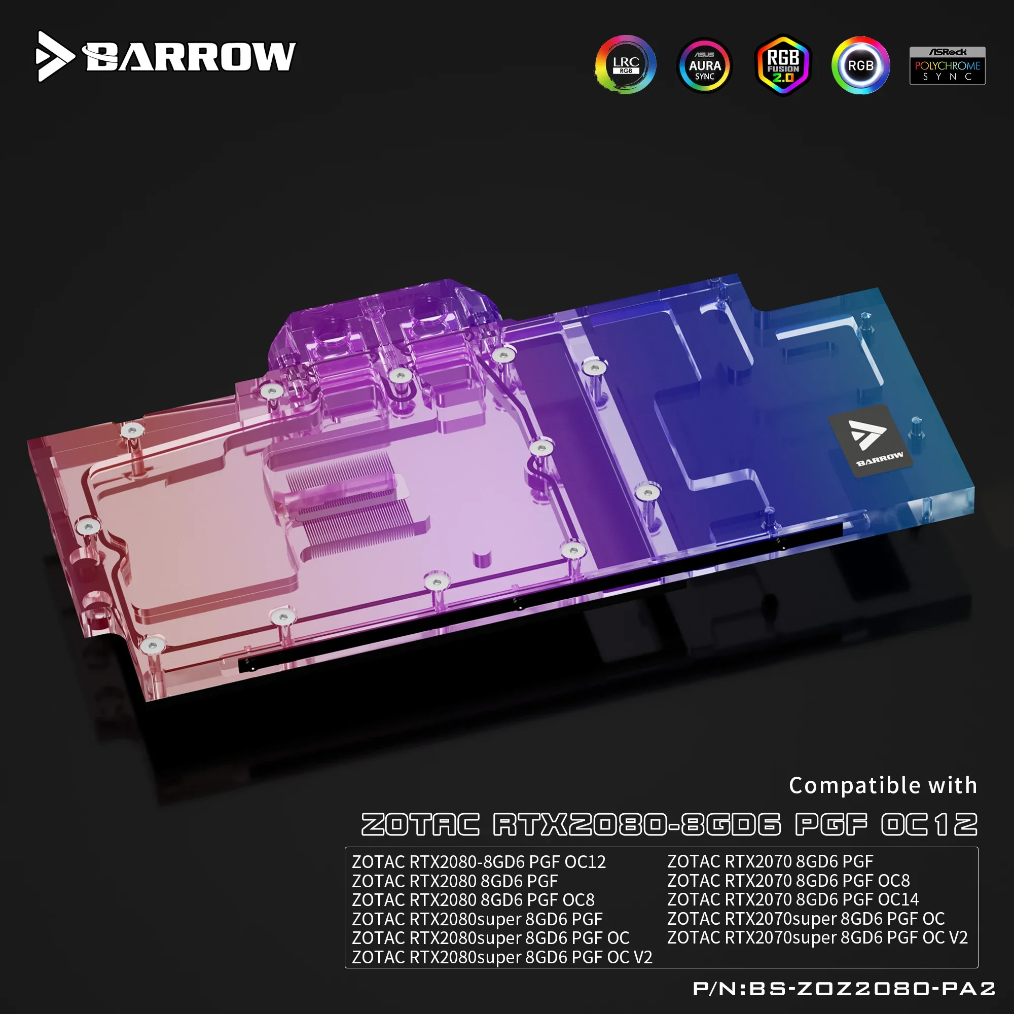 استخدام كتلة المياه BARROW لـ ZOTAC RTX 2080 / 2070 8GD6 AMP / PGF Extreme OC اللوحة الخلفية الأصلية، BS-ZOZ2080-PA2