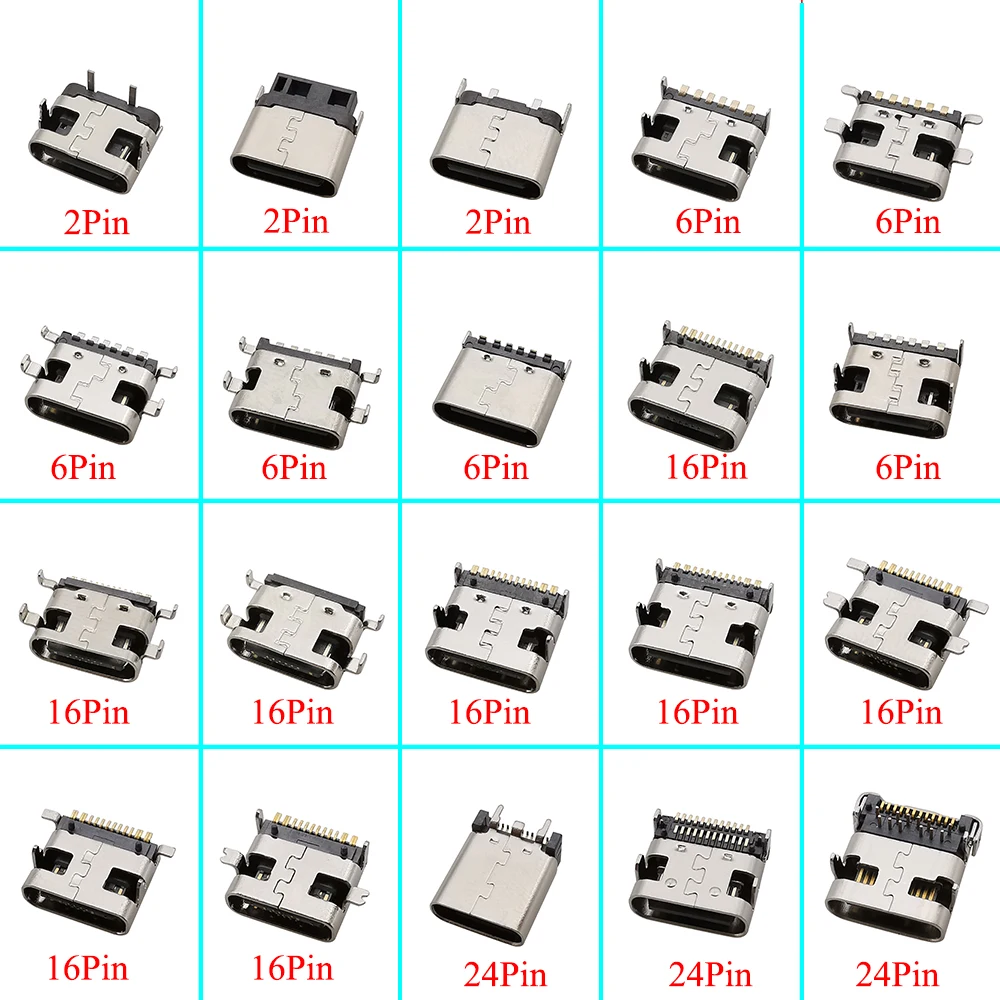 10Pcs USB Connector Type C Female Jack 2/6/16/24Pin SMD SMT Type-C Socket Charging Port For PCB Soldering DIY Repair Adapter