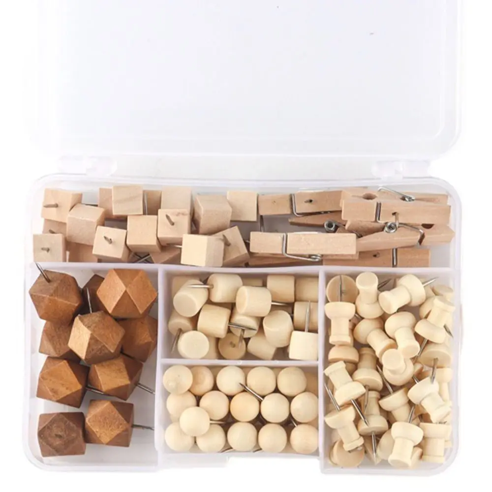 128Pcs Portable Creative Wooden Push Pins 3D DIY Geometric Shape Pushpins Reusable with Box Thumb Tacks Photo Wall Decor