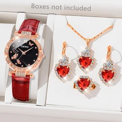 Red Women 5PCS/Set Quartz Watch Half Face Butterfly Dial Wristwatch Leather Strap Watch With Jewelry Set Gift For Her