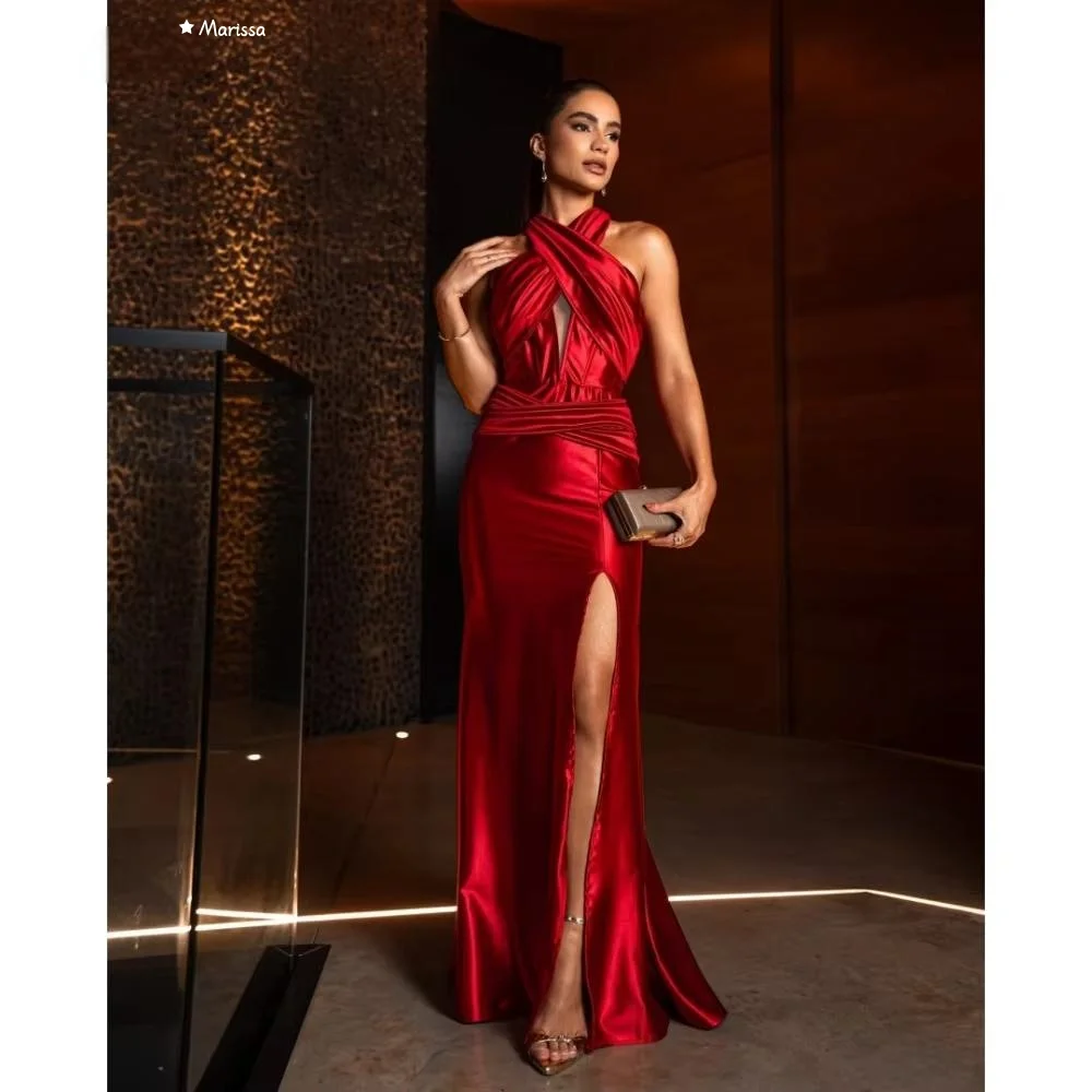 

Marissa Custom Made Evening Dresses for Luxury Party Fish Tail Slit Women's Evening Dress Woman Cross Neckline Gloss Satin Prom