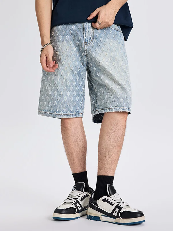 

Retro American Floral Embroidery Denim Shorts Men's Summer Design Washed Hip Hop Five Parts High Street Handsome Sports Pants