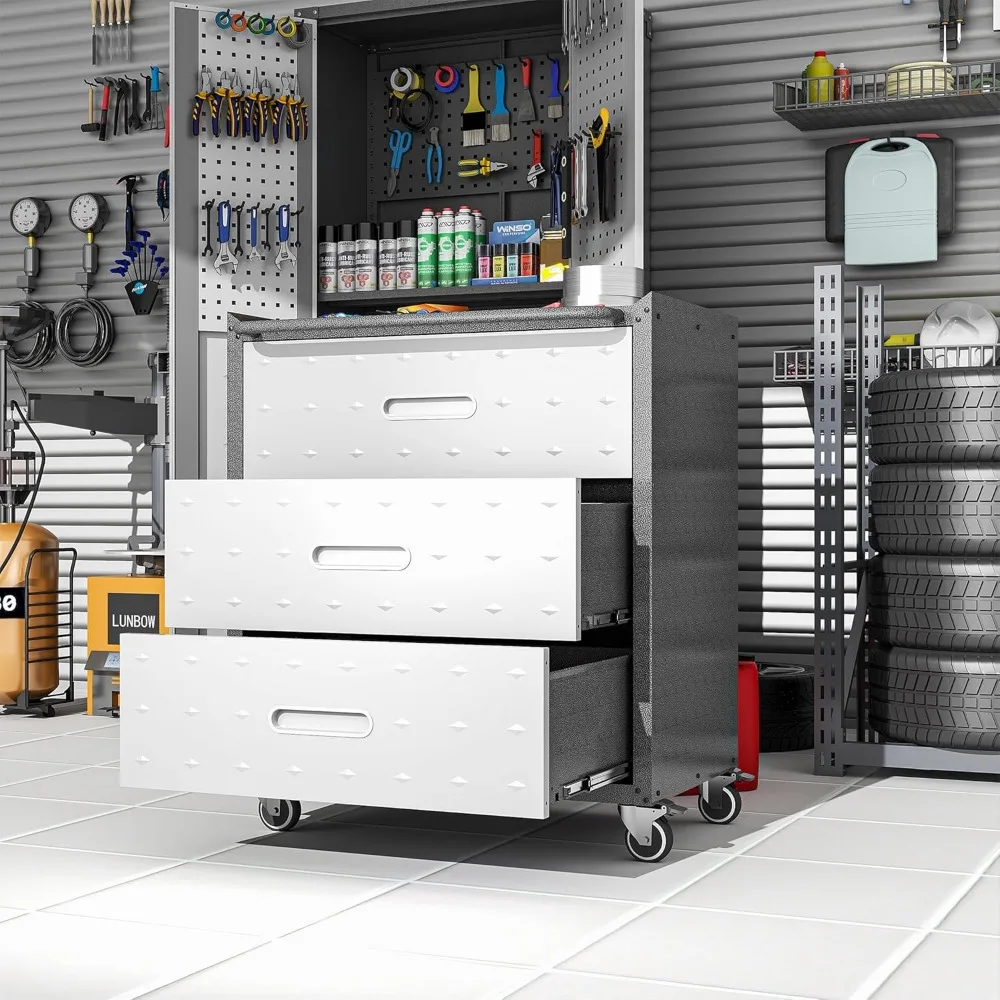 خزانة أدوات فولاذية متنقلة شديدة التحمل وقابلة للقفل مع 3 أدراج لتخزين وتنظيم المرآب
