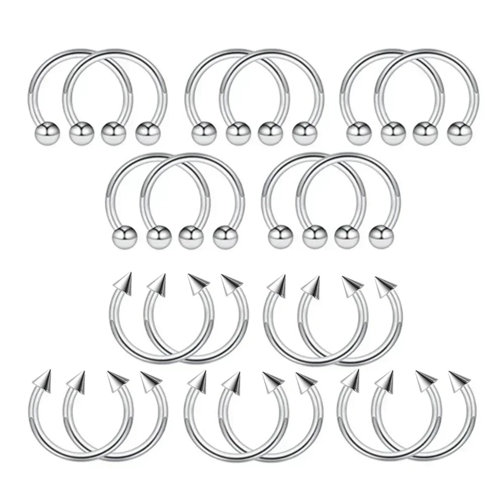 20pc Steel 16G 1.2mm Horseshoe Ring Septum 3mm Ball Cone Ear Tragus Lip Nose Stud Body Piercing 6/8/10/12/14mm