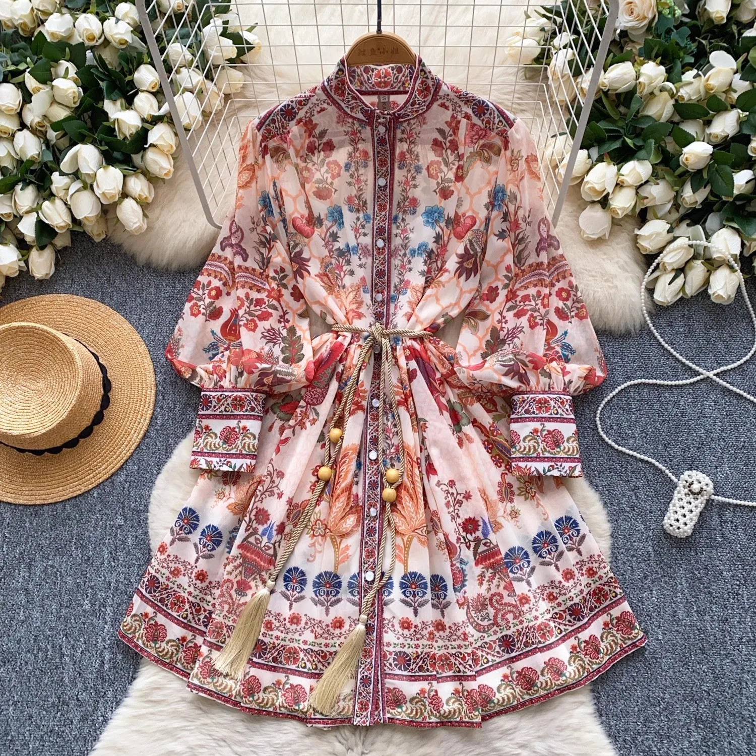 

Spring Summer Gorgeous Flower Mini Dresses Women Stand Collar Long Lantern Sleeve Buttons Belt Floral Print Loose A Line Vestido