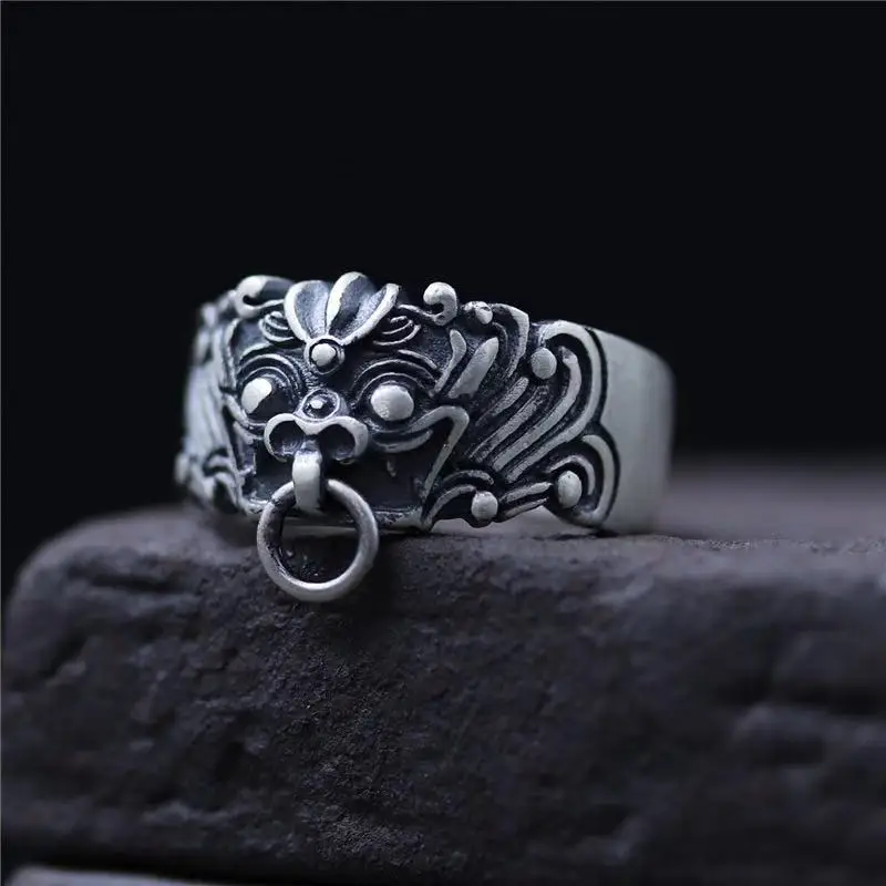 Retro Guardian Taotie Ring For Men Blessing Chinese Mythology Open Ring Unisex Accessories Handmade Designer Jewelry Lover Gift