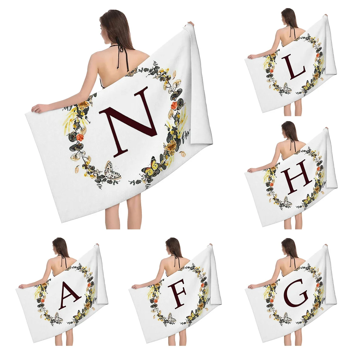 1pc Flower wreath letter pattern Pattern Beach Towel,Ultra-Fine Fiber Beach Blanket,Highly Absorbent Bath Towel,Suitable