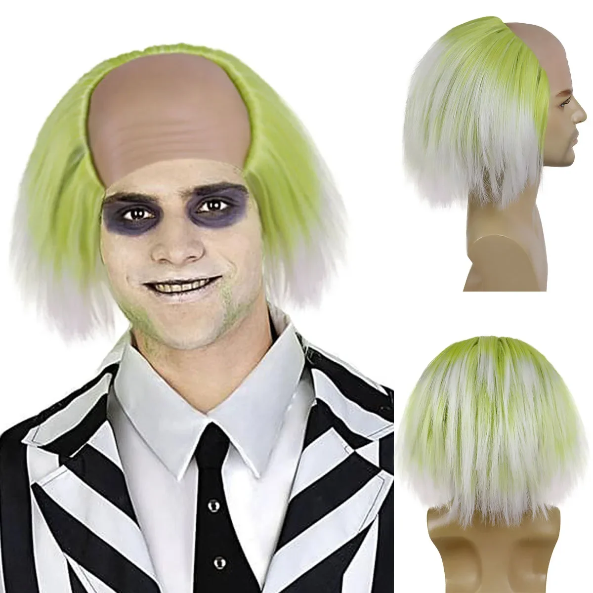 Synthetic Wig Ombre Green White Clown Bald Headpiece Anime Rick Cosplay Ghostly Vibes Mad Scientist Genius Costume Halloween WIg