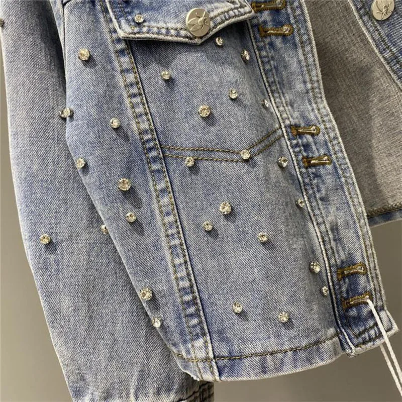 Veste en jean cloutée de diamants de style européen, cardigan printemps automne, haut classique à col rabattu, veste courte pour femme, vêtements de moto