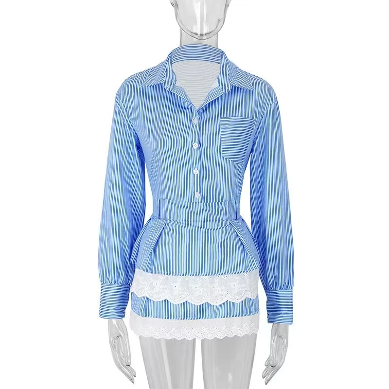 فستان قميص أنيق بأكمام طويلة وتصميم ضيق مخطط، ياقة مقلوبة، تنورة على شكل حرف A، خصر مرتفع، مصنوع من البوليستر، مناسب للسفر وا...