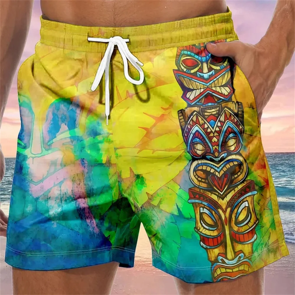 

Мужские шорты для доски Tiki, пляжные шорты с графическим рисунком, быстросохнущие короткие брюки с кокосовой пальмой, повседневные праздничные шорты для плавания на Гавайях