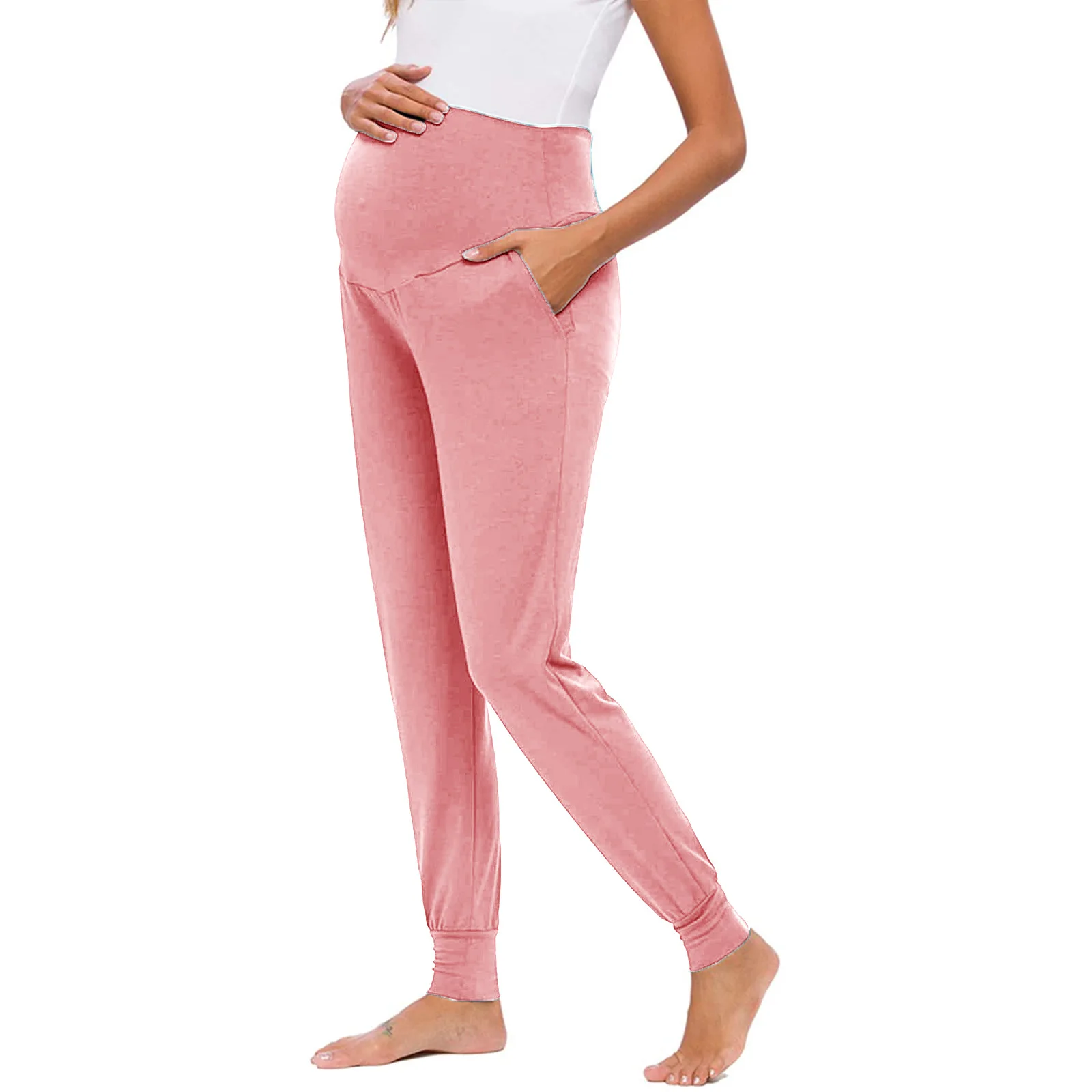 Spring Maternity Women\'s Casual Pants Premama Solid High Waist Strechy Lounge Trousers For Pregnant Women Joggers With Pockets