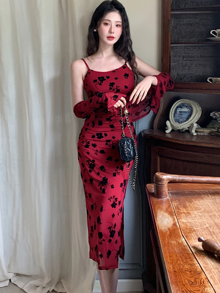 2025 Nieuwe Rode Massaal Bloemen Sling Lange Jurk + Lange Mouw Top Shirts Tweedelige Sets Vrouwen Herfst Koreaanse vintage Bodycon Jurken