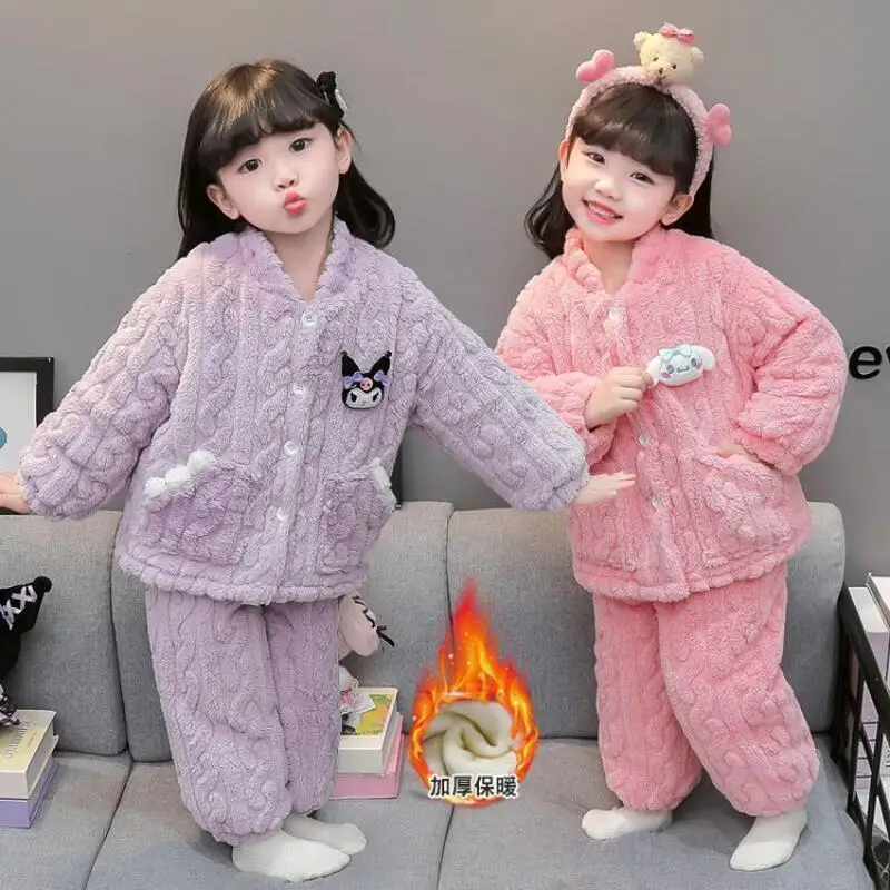 

Hot Sanrio Girl Pajama Set Kuromi Cinnamoroll Kawaii Anime Child Winter Soft and Thick Long-Sleeved Pants Loungewear Set New