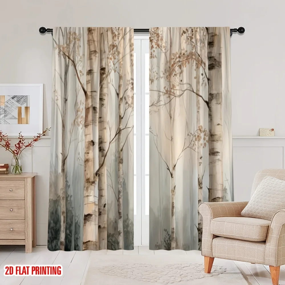 2PCS Scenic Curtains, Birch Tree, Digital Print, Bedroom Living Room, Office, Kitchen, Bathroom, Polyester, Rod Pocket