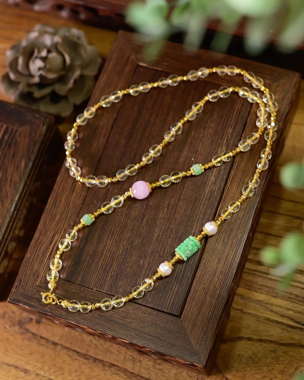 

Универсальная цепочка из натурального цитрина и кунцита, регулируемое ожерелье из серебра 925 пробы с нефритовым акцентом, ювелирные изделия в китайском стиле