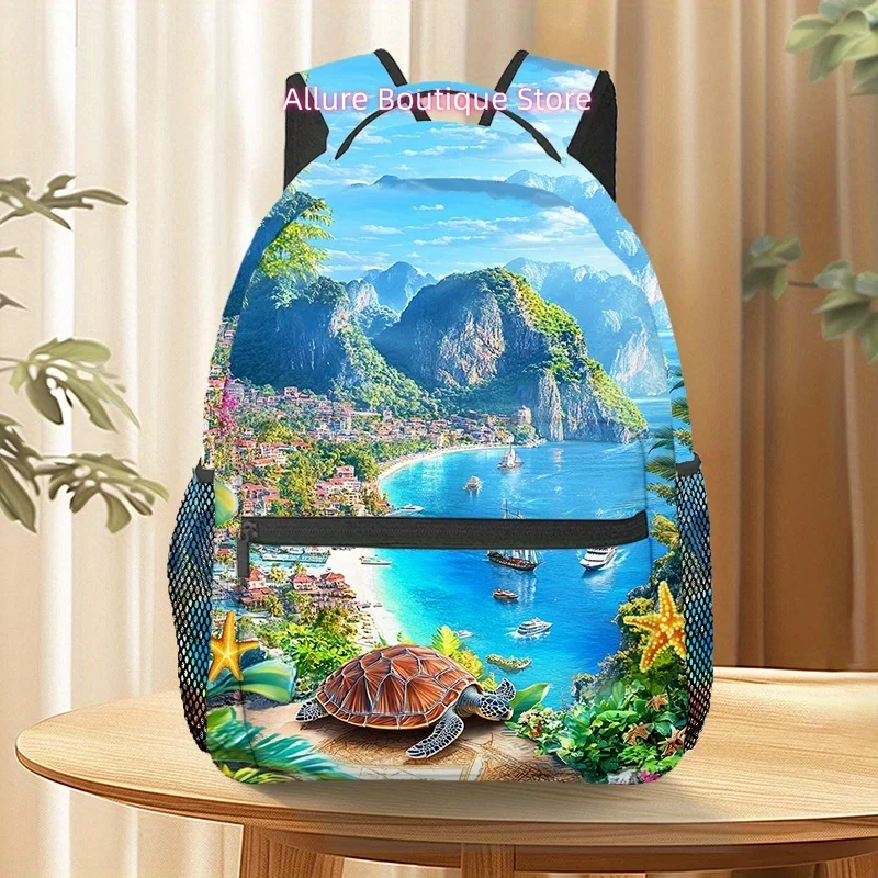 Large Capacity Sea Turtle & Beach Landscape Backpack - Adjustable Strap, Multiple Compartments, Lightweight Polyester Lining, Id